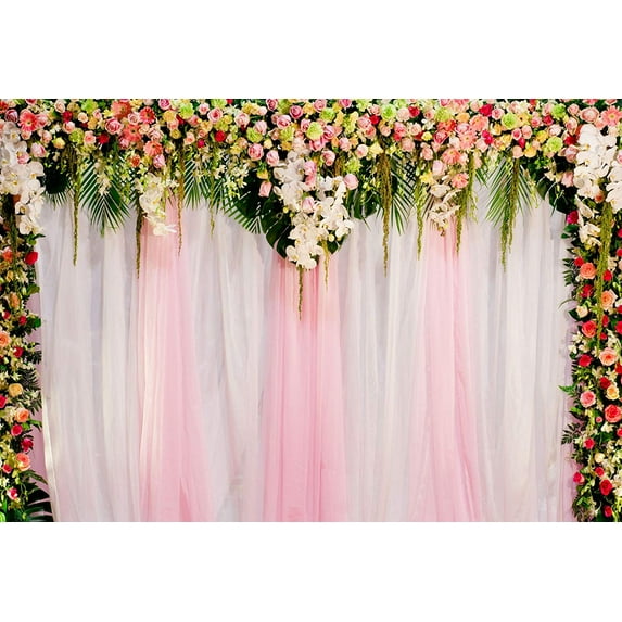 ABPHOTO Polyester Photo Background Wedding Curtain Backdrop Flowers Love Heart Party Photo Booth Background 7x5ft, Pink