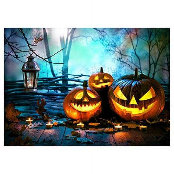 ABPHOTO Polyester Photography Background Photo Backdrops Magic Theme Horror night fog branches, wooden floor, fallen leaves, pumpkin lights, candles for Halloween 7x5ft