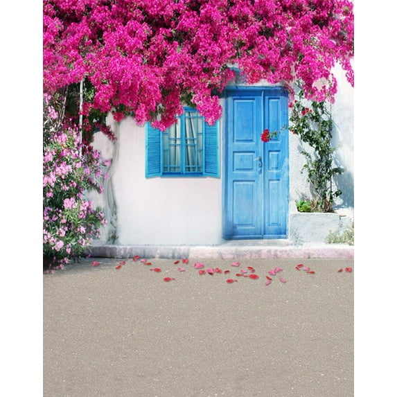 ABPHOTO Polyester Pink Flowers Tree House Blue Door Window Photography Backdrops Photo Props Studio Background 5x7ft