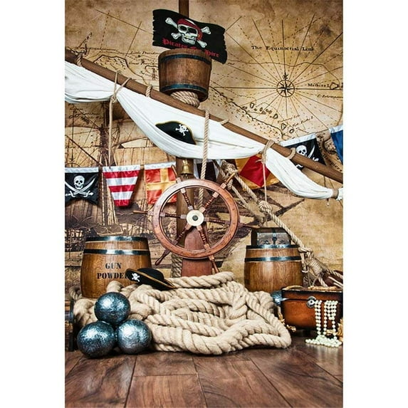 ABPHOTO Polyester Pirate Ship Backgrounds for Photo Studio Wooden Deck Steering Wheel Flags Old Map Wall Baby Kids Photography Backdrops 5x7ft