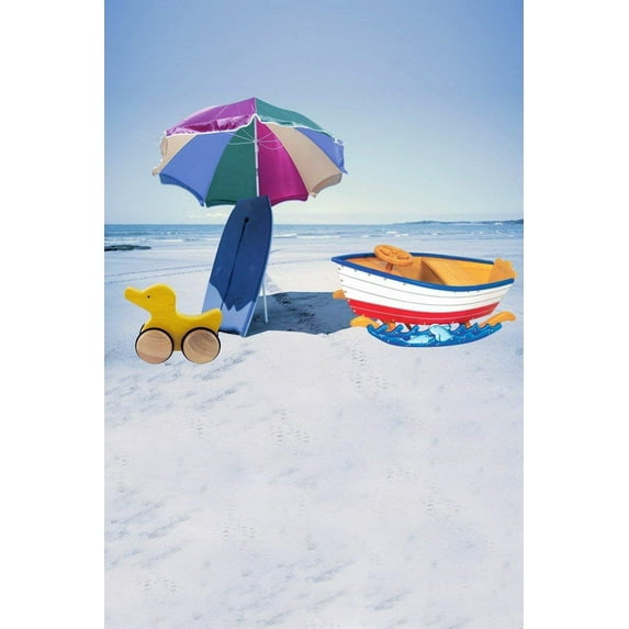 ABPHOTO Polyester Seaside Vacation Scenery Beach Sea Blue Sky Boat Surfboard Kids Room Mural Cloth 5x7ft Studio Photography