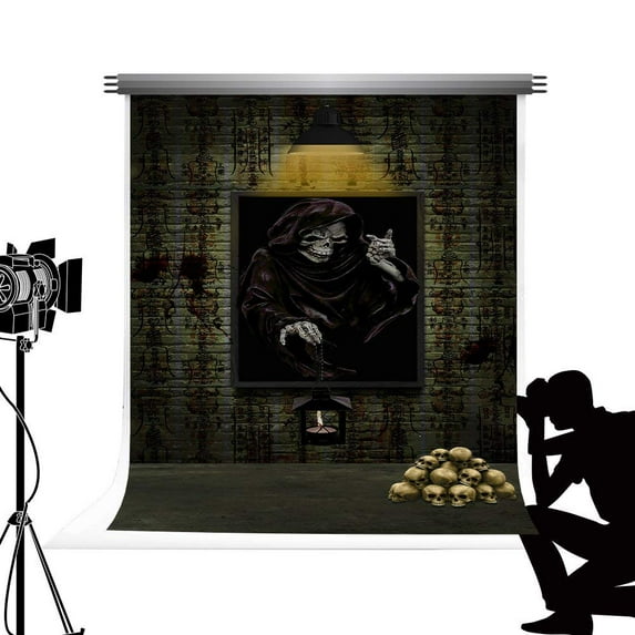 ABPHOTO Polyester Skull Head Wallpaper Backdrop Brick Wall Background Studio Fotohintergrund for Halloween Cosplay Photography 5x7ft