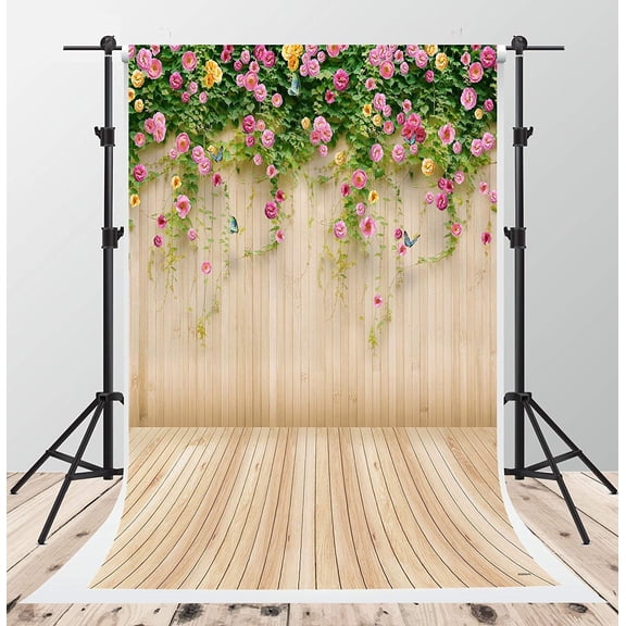 ABPHOTO Polyester Spring Flowers Wall Photography Backdrops Light Wood Floor Photo Background 5x7ft