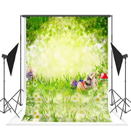 ABPHOTO Polyester Spring Green Backdrop Happy Easter Background for Photography Grass Rabbit Eggs Bokeh Backdrops Photo Booth 5x7ft