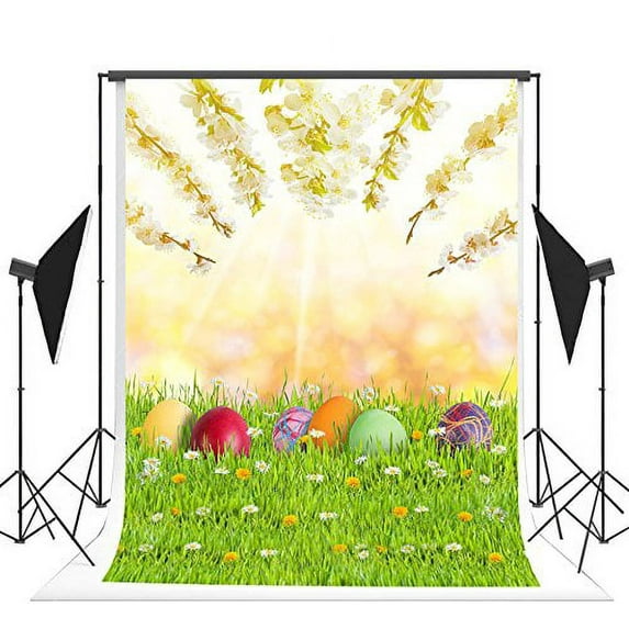 ABPHOTO Polyester Spring Photo Backdrop Flowers Grass Bokeh Background Easter Eggs Photo Booth Backdrop for Parties 5x7ft