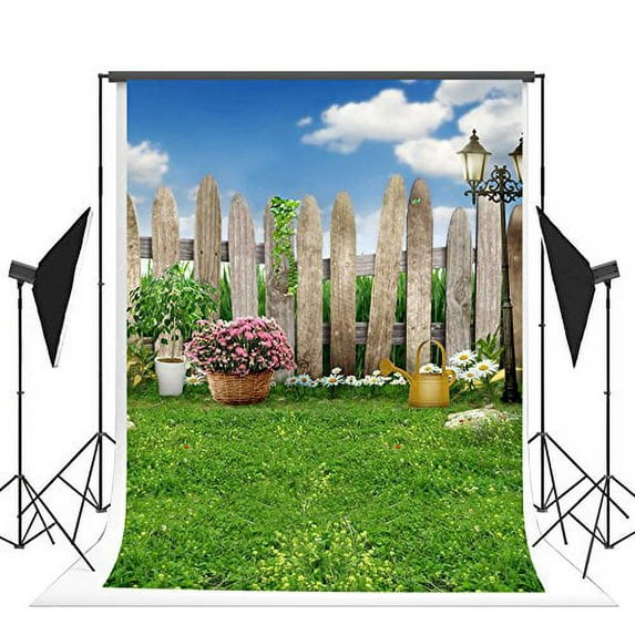 ABPHOTO Polyester Spring Photo Booth Backdrop Easter Background for Photography Wood Fence Green Grass Backdrop for Pictures 5x7ft
