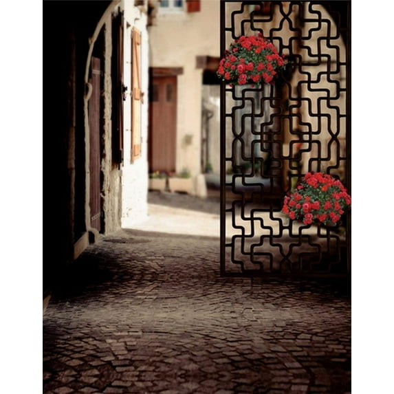 ABPHOTO Polyester Stone Floor Red Flowers Door Photography Backdrops Photo Props Studio Background 5x7ft