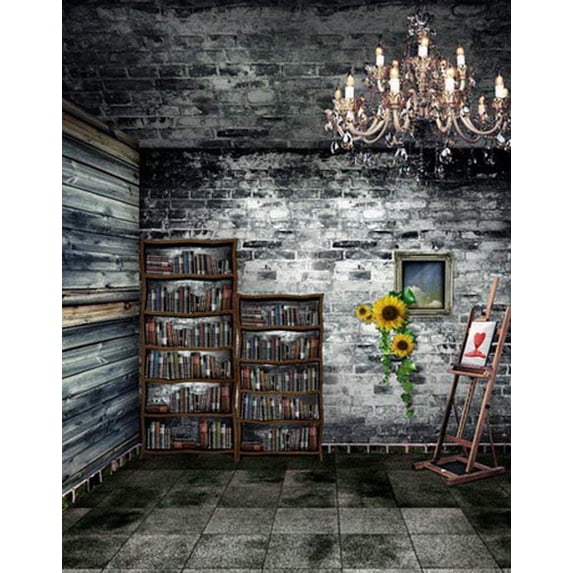 ABPHOTO Polyester Stone Floor Vintage Room Wooden Wall Books Photography Backdrops Photo Props Studio Background 5x7ft