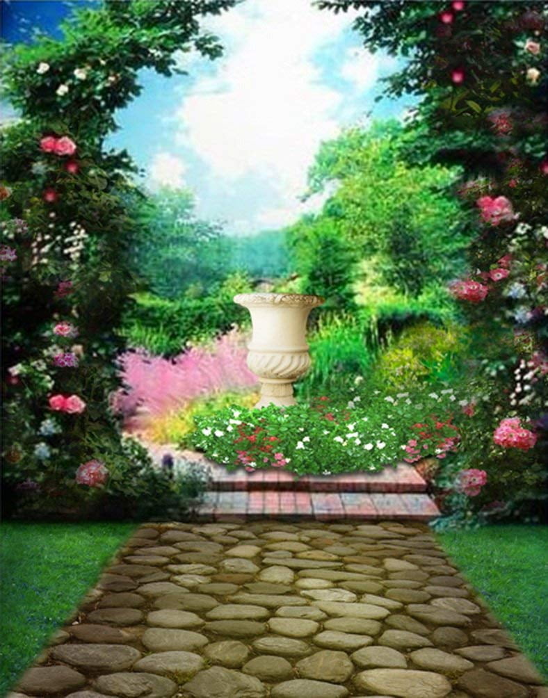 ABPHOTO Polyester Stone Road Pink Flowers Tree Photography
