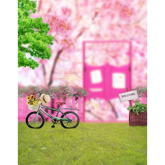 ABPHOTO Polyester Tree Bicycle Pink House Flowers Photography Backdrops Photo Props Studio Background 5x7ft