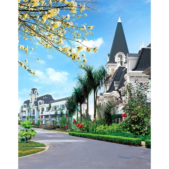 ABPHOTO Polyester Tree Flowers Buildings Photography Backdrops Photo Props Studio Background 5x7ft