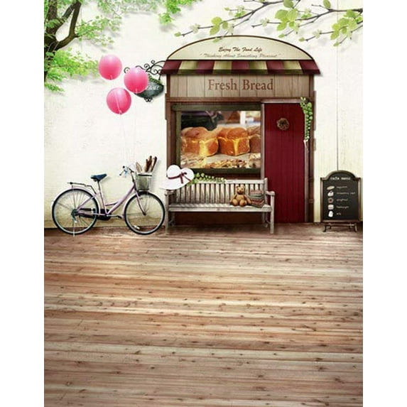 ABPHOTO Polyester Vintage Brick Floor Bicycle Tree Bread Store Photography Backdrops Photo Props Studio Background 5x7ft