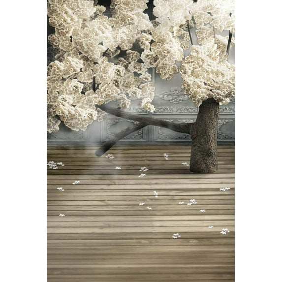 ABPHOTO Polyester Vintage Wooden Floor White Flower Tree Indoor Studio Photography Backgrounds Photo Props 5x7ft