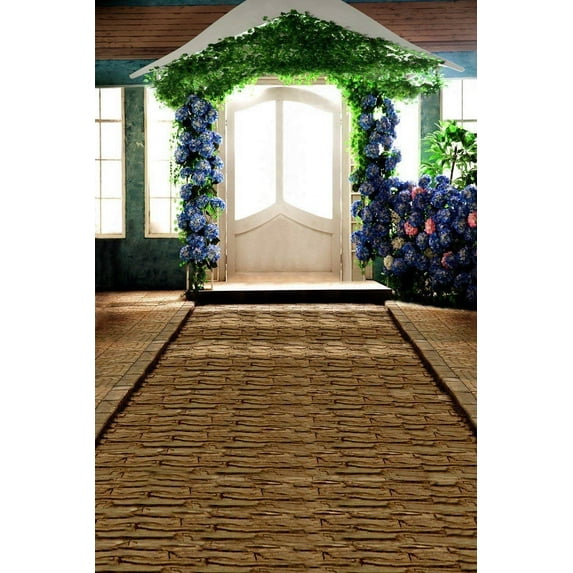 ABPHOTO Polyester Wedding Scene Brick Path Road Flower Garland Arched Door Window Studio Props 5x7ft Mural Photography Backdrops