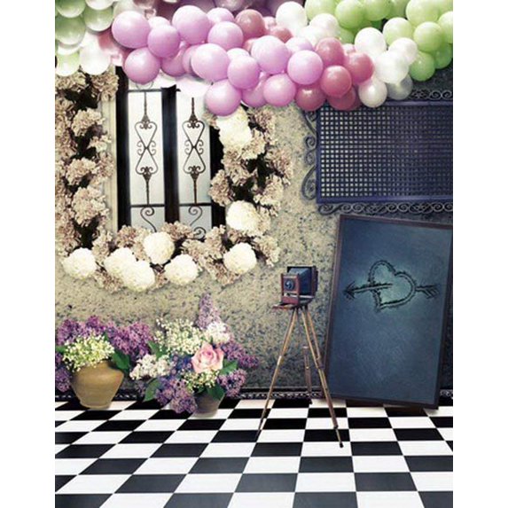 ABPHOTO Polyester White Black Floor Balloon Flower Photography Backdrops Photo Props Studio Background 5x7ft
