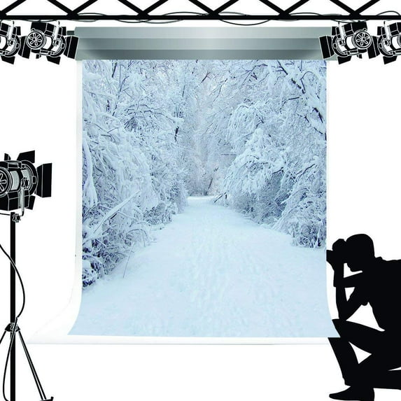 ABPHOTO Polyester White Photo Backdrop Snow Winter Background Forest Road Photographer Props for Studio Photography 5x7ft