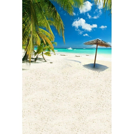 ABPHOTO Polyester White Sand Coconut Tree Umbrella Boho Blue Sky Studio Photography Backdrops 5x7ft Mural Backgrounds