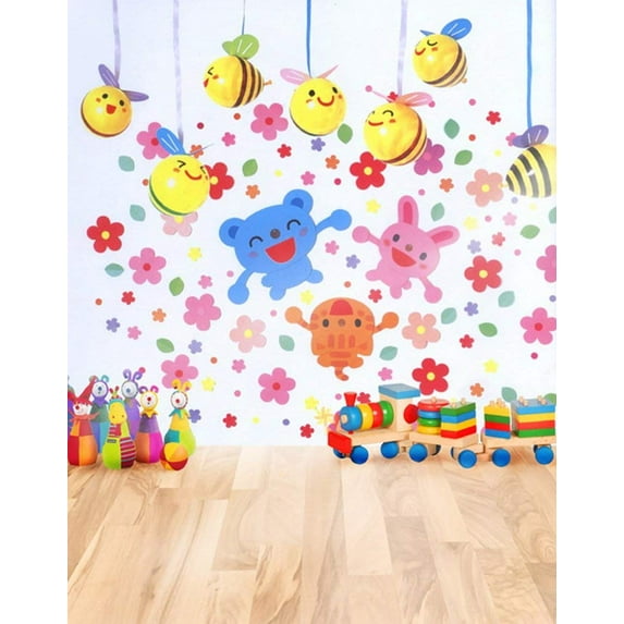 ABPHOTO Polyester Wooden Floor Cartoon Train Bee for Children Photography Backdrops Photo Props Studio Background 5x7ft