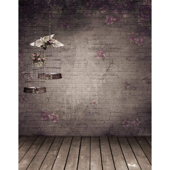 ABPHOTO Polyester Wooden Floor Vintage Wall Flowers Birdcage Photography Backdrops Photo Props Studio Background 5x7ft