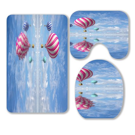 ABPHQTO 3D Balloons In The Blue Sky And Reflection In Water 3 Piece Bathroom Rugs Set Bath Rug Contour Mat and Toilet Lid Cover