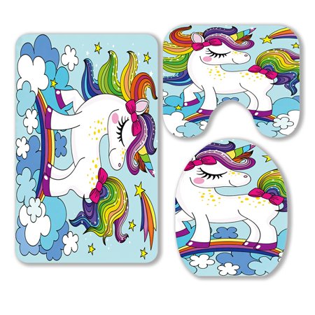 ABPHQTO A Cute Cartoon Rainbow Unicorn In The Clouds 3 Piece Bathroom Rugs Set Bath Rug Contour Mat and Toilet Lid Cover