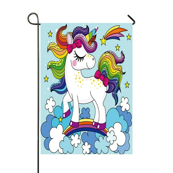 ABPHQTO A Cute Cartoon Rainbow Unicorn In The Clouds Home Outdoor Garden Flag House Banner Size 28x40 Inch