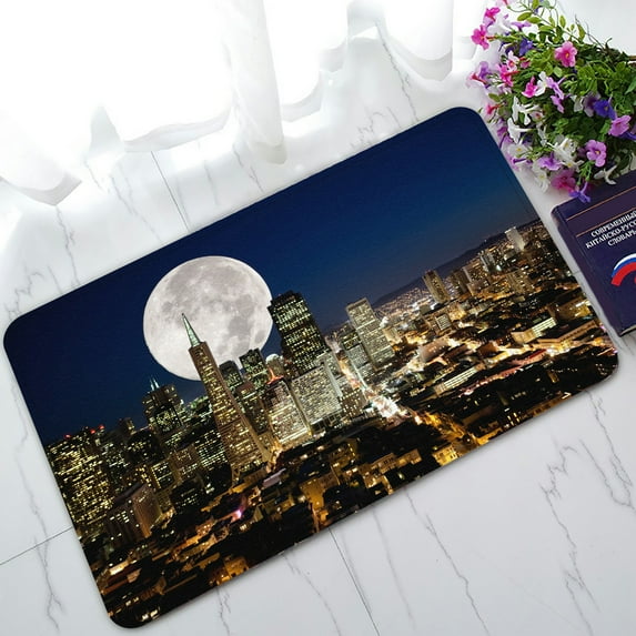 ABPHQTO A Full Moon Over An Urban Metropolis Doormat Entrance Rug Area Rug Floor Mat Home Decor 30x18 Inch