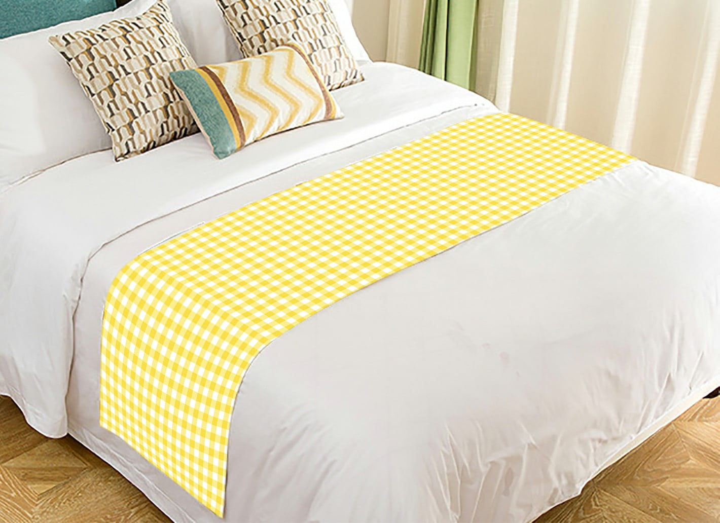 ABPHQTO A Pastel Yellow Gingham Bed Runner Bedding Scarf Bed Decoration