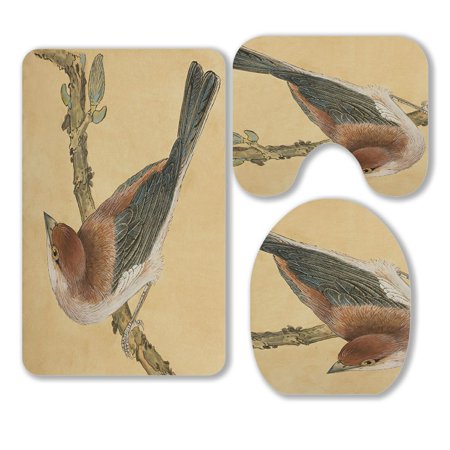 ABPHQTO A Small Bird On A Branch Draw A Small Bird 3 Piece Bathroom Rugs Set Bath Rug Contour Mat and Toilet Lid Cover