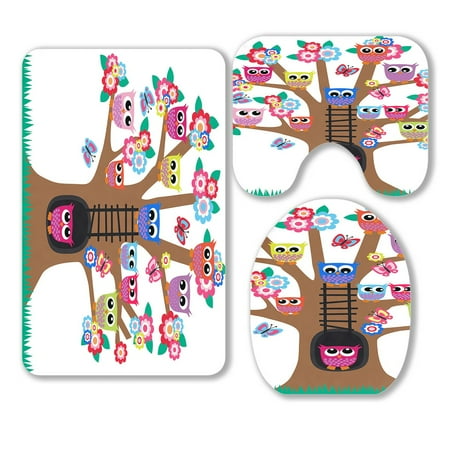 ABPHQTO A Tree Full Of Owls 3 Piece Bathroom Rugs Set Bath Rug Contour Mat and Toilet Lid Cover