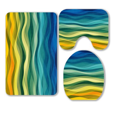 ABPHQTO Abstract Design Creativity Yellow And Green Waves 3 Piece Bathroom Rugs Set Bath Rug Contour Mat and Toilet Lid Cover