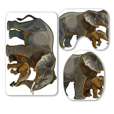 ABPHQTO African Elephant Mother With Baby Side View 3 Piece Bathroom Rugs Set Bath Rug Contour Mat and Toilet Lid Cover