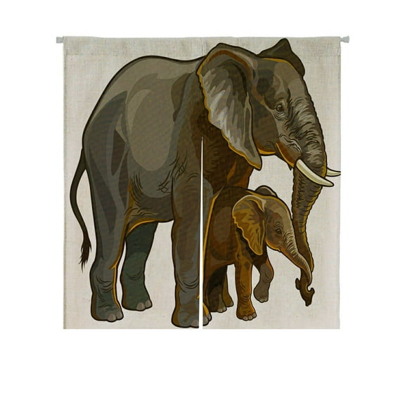 ABPHQTO African Elephant Mother With Baby Side View Japanese Noren Curtain Doorway Door Window Treatment Curtains Cotton Linen Curtain 85x90 cm