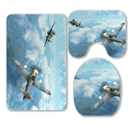 ABPHQTO Airplane Dogfight Supermarine Spitfire 3 Piece Bathroom Rugs Set Bath Rug Contour Mat and Toilet Lid Cover