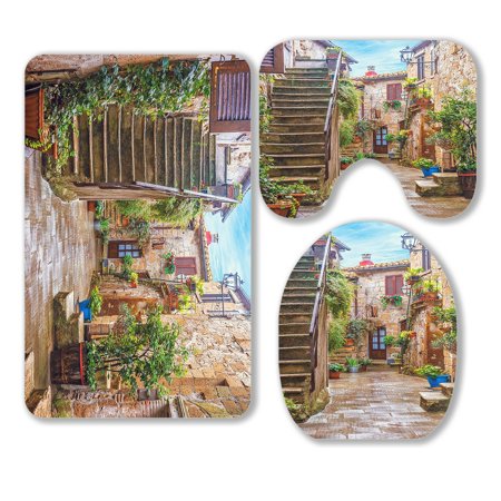 ABPHQTO Alley Italian Old Town Tuscany Italy 3 Piece Bathroom Rugs Set Bath Rug Contour Mat and Toilet Lid Cover