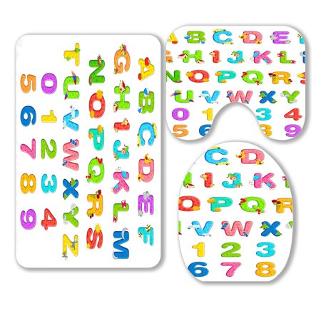 ABPHQTO Alphabet Set With Associate Objects And Number 3 Piece Bathroom Rugs Set Bath Rug Contour Mat and Toilet Lid Cover