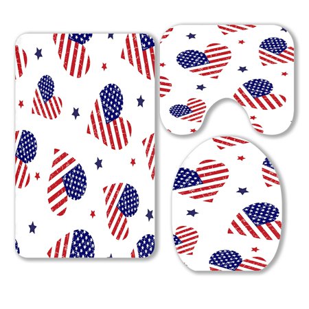ABPHQTO American Flag Hearts Pattern 3 Piece Bathroom Rugs Set Bath Rug Contour Mat and Toilet Lid Cover