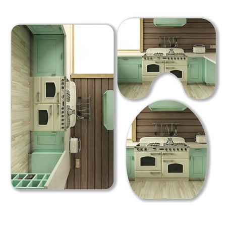 ABPHQTO American Retro Kitchen Home 3 Piece Bathroom Rugs Set Bath Rug Contour Mat and Toilet Lid Cover