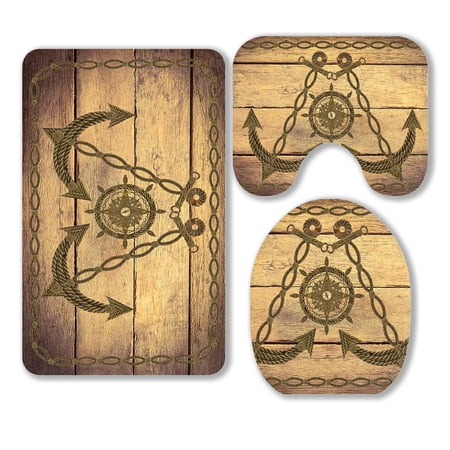 ABPHQTO Anchor Wheel On Wood 3 Piece Bathroom Rugs Set Bath Rug Contour Mat and Toilet Lid Cover
