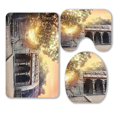ABPHQTO Ancient Cave With Columns In Mamallapuram 3 Piece Bathroom Rugs Set Bath Rug Contour Mat and Toilet Lid Cover