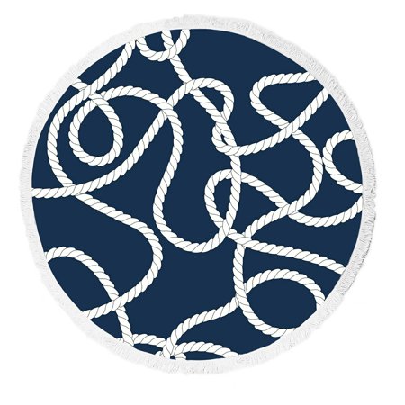 ABPHQTO And White Tangled Marine Ropes Pattern Round Beach Blanket with Tassels Beach Throw Towel Yoga Mat Picnic Blanket