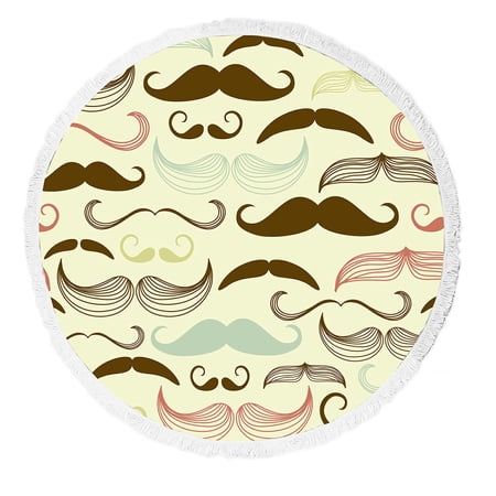 ABPHQTO Art Deco Mustache Pattern Retro Style Round Beach Blanket with Tassels Beach Throw Towel Yoga Mat Picnic Blanket