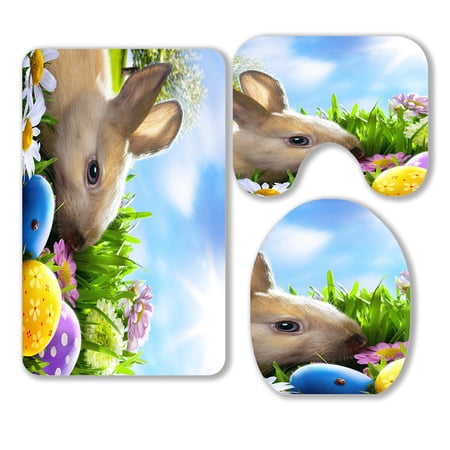 ABPHQTO Art Little Easter Bunny And Easter Eggs Green Grass 3 Piece Bathroom Rugs Set Bath Rug Contour Mat and Toilet Lid Cover