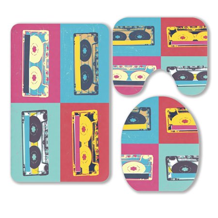 ABPHQTO Audiocassette Retro Popart Music 3 Piece Bathroom Rugs Set Bath Rug Contour Mat and Toilet Lid Cover