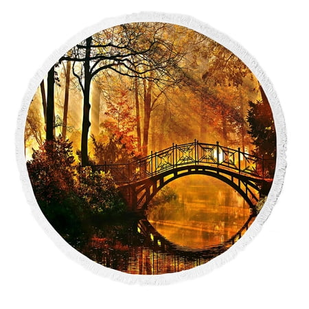 ABPHQTO Autumn Old Bridge In Autumn Misty Park Beach Towel Beach Blanket with Tassels Beach Throw Towel Yoga Mat Picnic Blanket
