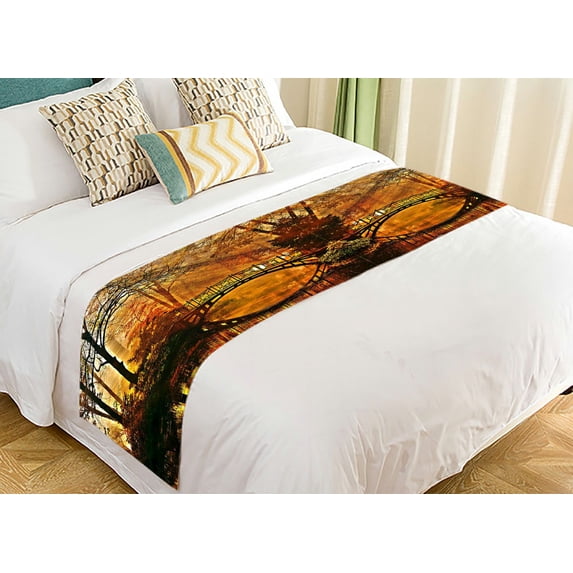 ABPHQTO Autumn Old Bridge In Autumn Misty Park Bed Runner Bedding Scarf Bed Decoration 20x95 inch