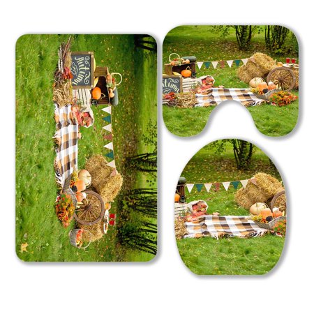 ABPHQTO Autumn Pumkin Grass 3 Piece Bathroom Rugs Set Bath Rug Contour Mat and Toilet Lid Cover