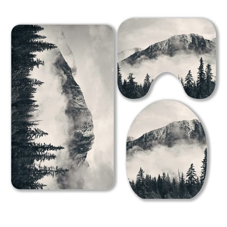 ABPHQTO Banff National Park Foggy Mountains Forest Canada 3 Piece Bathroom Rugs Set Bath Rug Contour Mat and Toilet Lid Cover