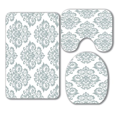 ABPHQTO Baroque Gray White Texture Floral Ornament 3 Piece Bathroom Rugs Set Bath Rug Contour Mat and Toilet Lid Cover
