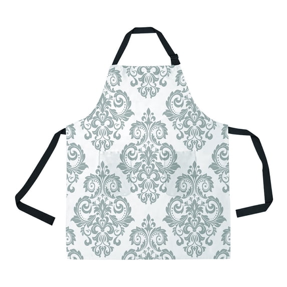 ABPHQTO Baroque Gray White Texture Floral Ornament Apron Home Kitchen Apron with Pockets